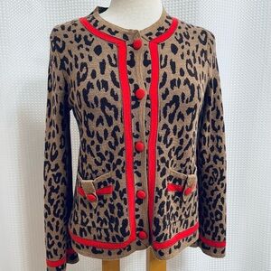 J. Crew Tipped Leopard Print Cardigan Sweater Bright Orange Trim BEAUTIFUL M